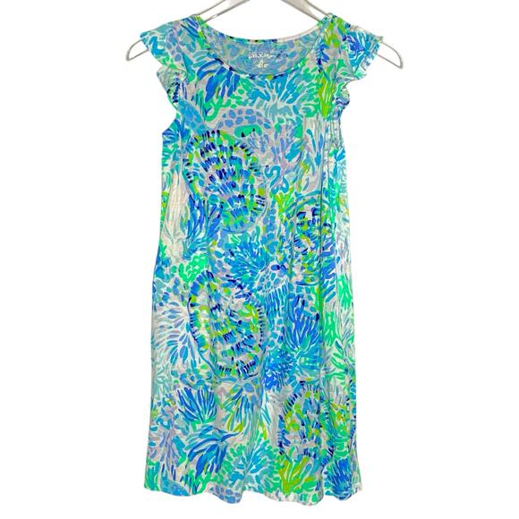 Lilly Pulitzer XL Girls Ella Dress Shell Of A Party Flutter Sleeve Blue - Picture 1 of 9